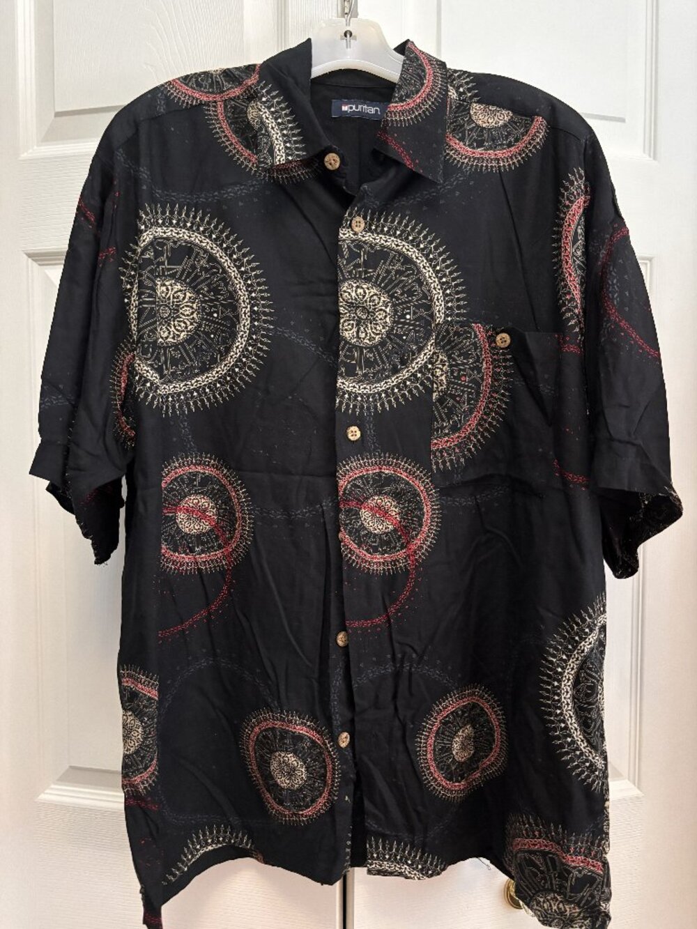 Puritan Men's XL Black Medallion Print Button Front Shirt Short Sleeve Retro Res